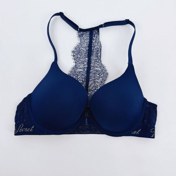 Victoria's Secret Navy Lace Racerback T-Shirt Push Up Full Coverage Bra 34B - Picture 6 of 6